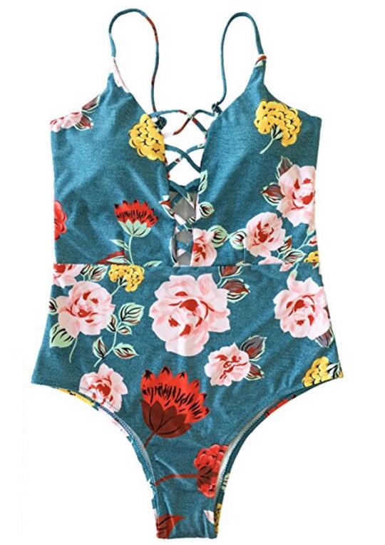One Piece Swimwear Front Strappy Cross Womens Swimsuit Floral Print Bathing Suit
